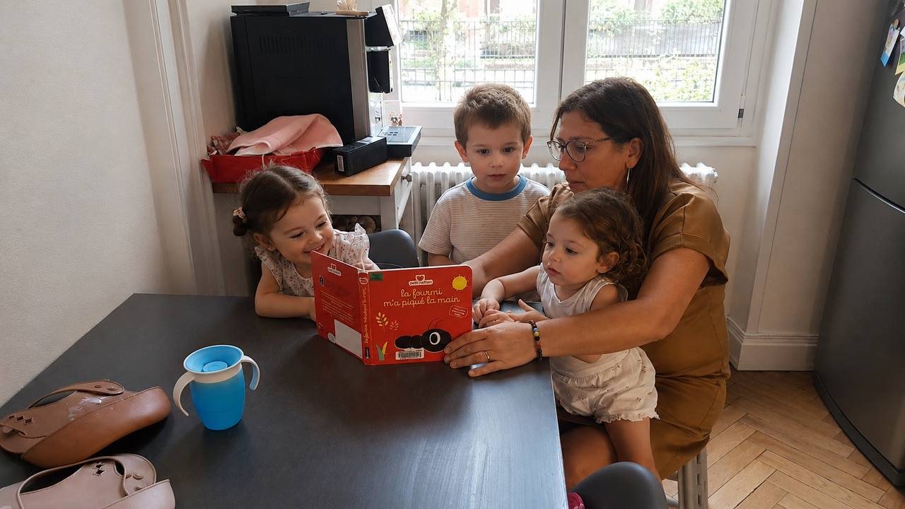 Chrystel lisant une histoire à trois enfants attentifs autour de la table